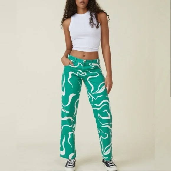 Cotton On Low Rise Green and White Swirl Straight Jeans sz4 - Picture 1 of 13